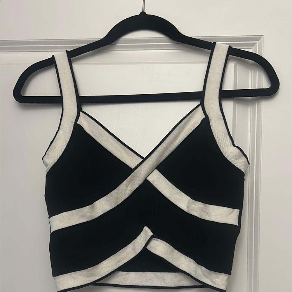 Cider Black and White Asymmetrical Crop Tank Top